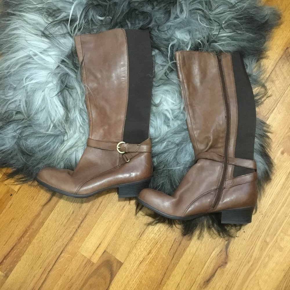 Naturalizer Brown Leather Knee-High Riding Boots with Elastic Panel and Buckle